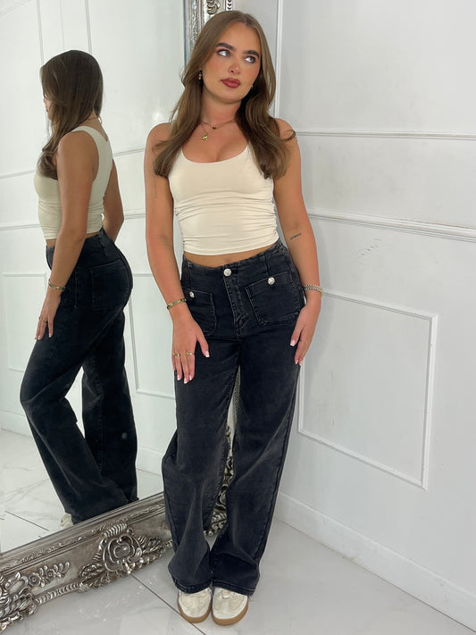 Pocket Front Wide Leg Jeans - Black Wash