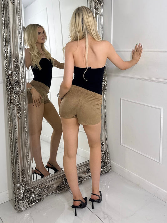 Plain Low Waist Suede Shorts - Tan