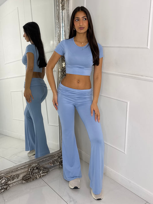 Crop Tee & Fold Over Flares Loungesuit - Baby Blue