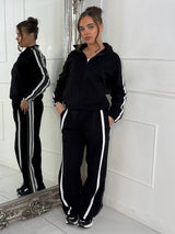 Side Stripe Collared Zip Up Jacket & Joggers Tracksuit - Black