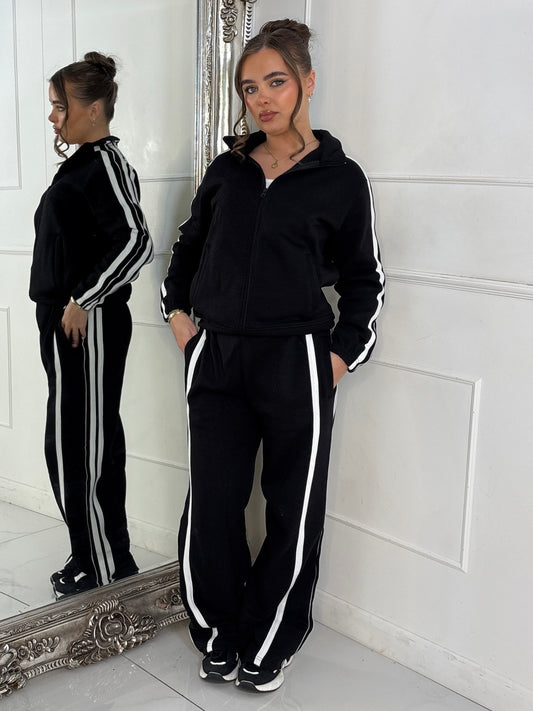Side Stripe Collared Zip Up Jacket & Joggers Tracksuit - Black