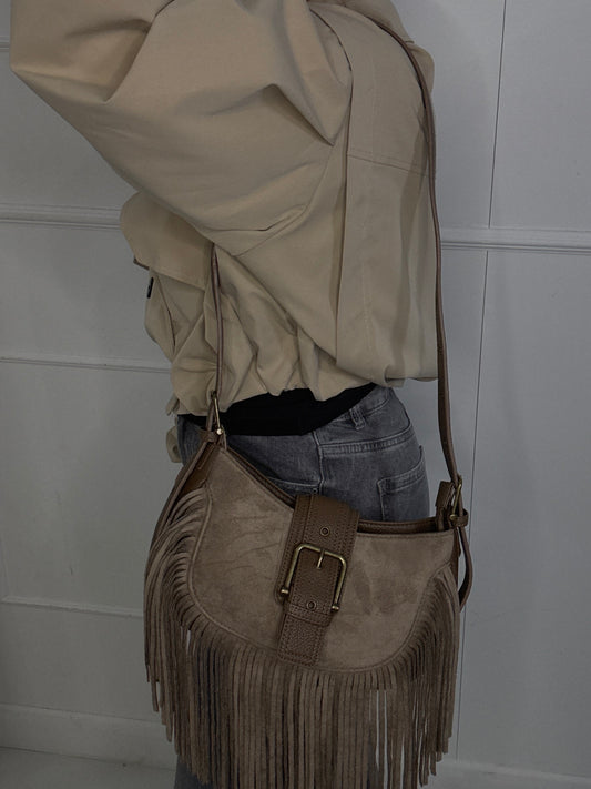 Suede Tassel Leather Strap Detail Shoulder Bag - Beige