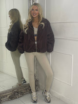 Zip up Puff sleeve oversized windbreaker - Chocolate Brown