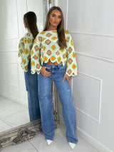 Crochet contrast patterned top - Beige/Orange&Green