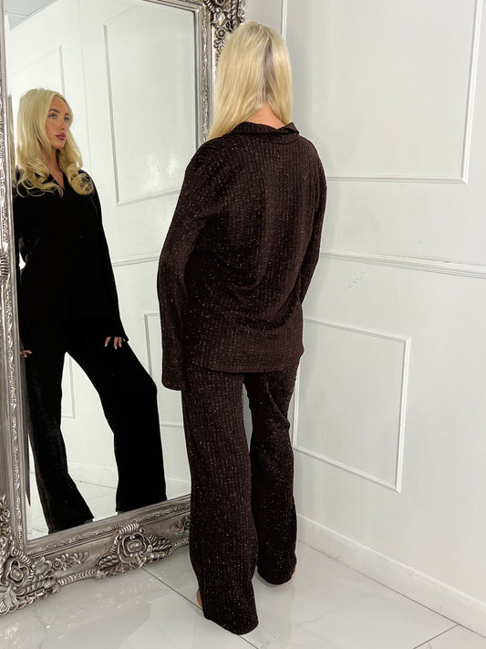 Lurex Glitter Oversized Shirt & Wide Leg Pants Co-Ord - Brown