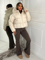 Cropped Faux Fur Trim Padded Jacket - All Cream