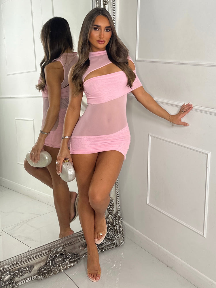 Mesh Contrast Mini Dress With Cut Out Detail - Baby Pink
