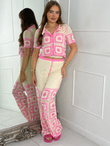 Patterned Crochet Skirt & Flared Pants Co ord - Beige / Pink