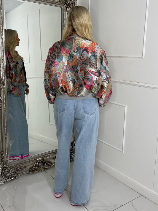 3D Floral Parrot Print Bomber Jacket - Multicoloured