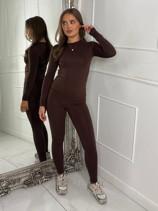 Round Neck Long Sleeve Second Skin Top & Sculpt Panel Leggings - Brown