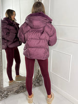 Hooded Puffer Coat With Faux Fur Trim - Wine