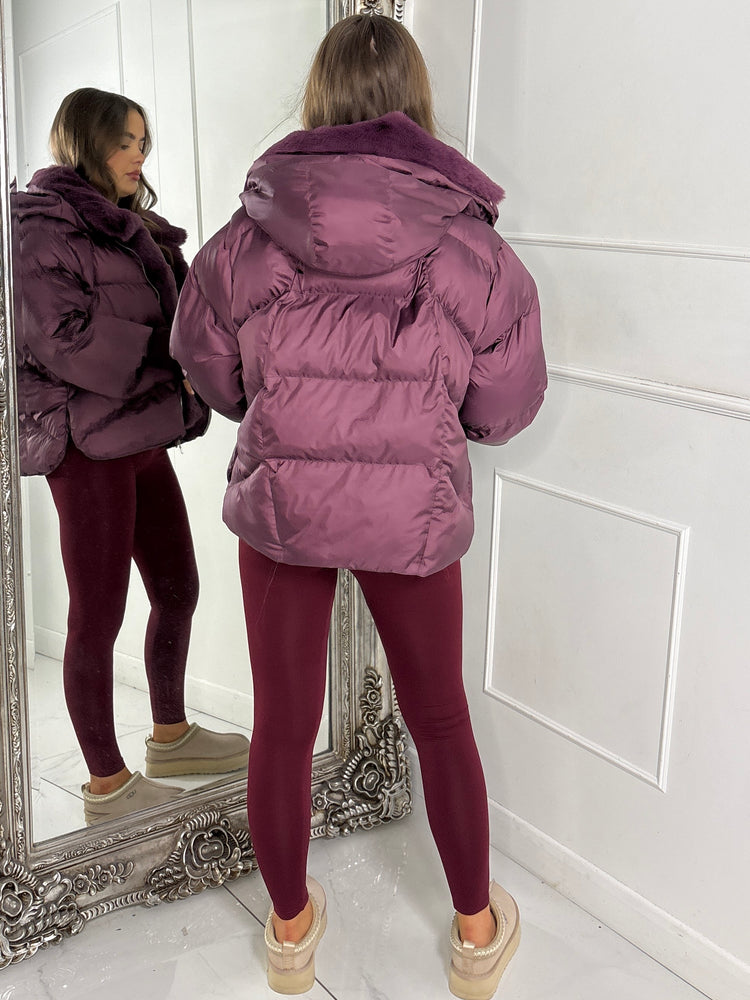 Hooded Puffer Coat With Faux Fur Trim - Wine