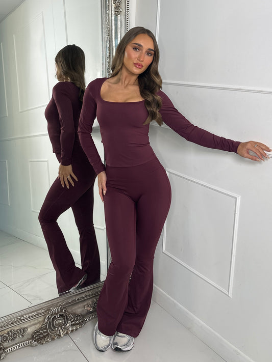 Square Neck Long Sleeve Top & Sculpt Ruched Bum Flares Co-ord - Wine