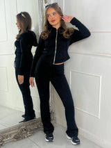 Tie Up Corset Detail Back Hoodie & Seam Detail Flared Pants - Black