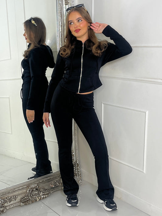 Tie Up Corset Detail Back Hoodie & Seam Detail Flared Pants - Black