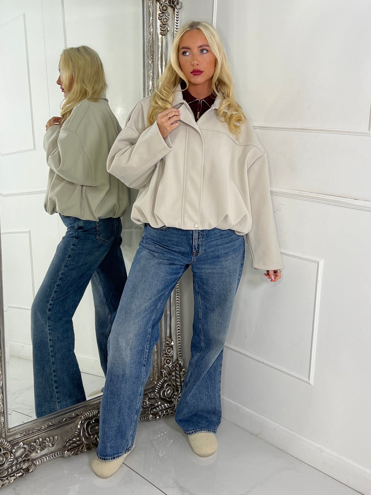 Collared Oversized Bomber Jacket - Cream