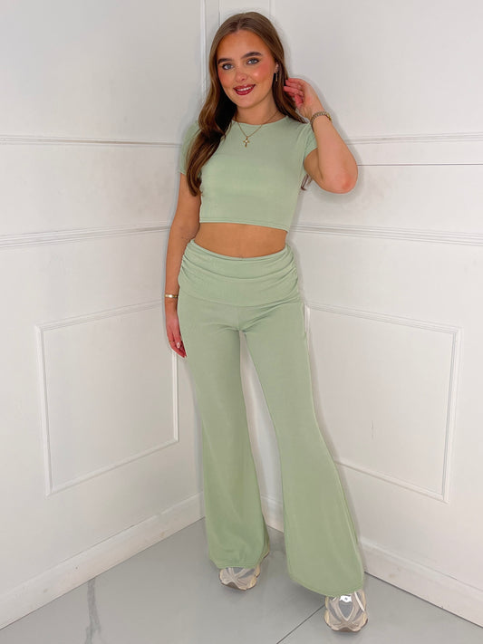 Ribbed Crop Top & Fold Over Flares Loungesuit - Sage Green