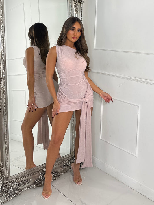 Off Shoulder Ruched Side Tie Drape Glitter Dress - Baby Pink