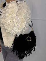 Suede Silver Buckle Detail Tassle Bag - Black