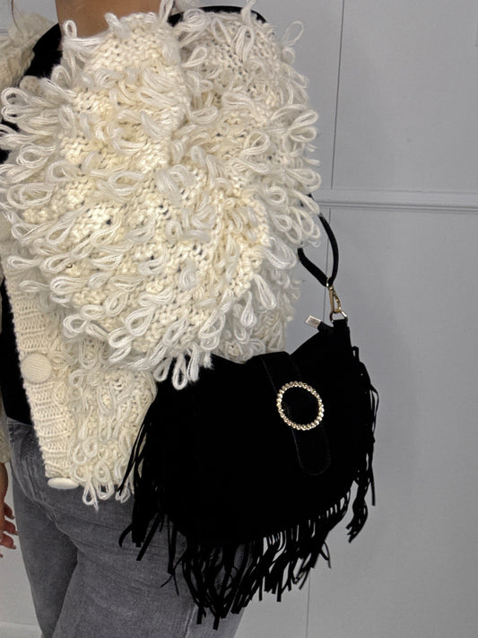 Suede Silver Buckle Detail Tassle Bag - Black