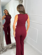 Button Slit Front Detail Waistcoat & Kick Flares Set - Wine