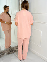 Gold Button Detail Oversized Top & Wide Leg Pants Co-Ord - Baby Pink