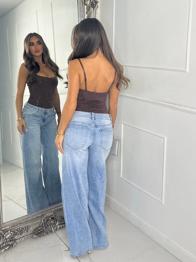 Strappy Diamante Detail Bodysuit - Brown