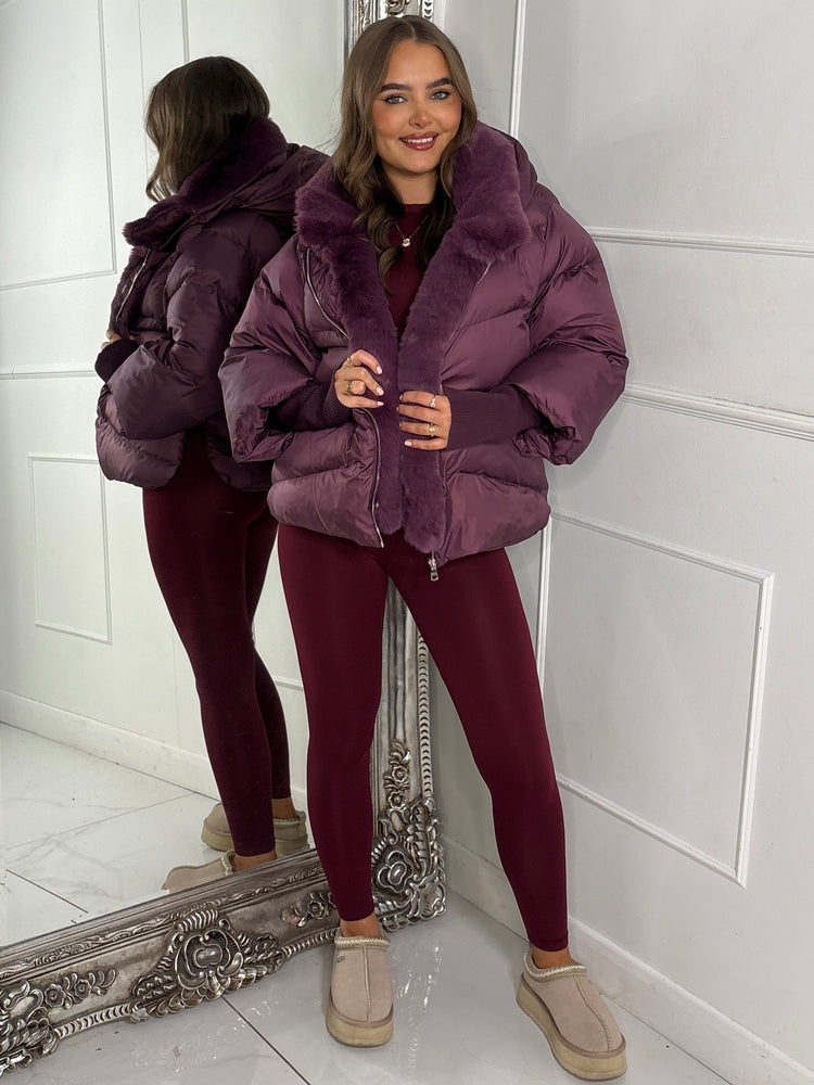Hooded Puffer Coat With Faux Fur Trim - Wine