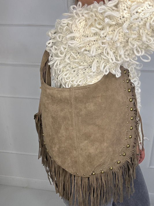 Suede Tassle Gold Detail Edge Shoulder Large Bag - Beige