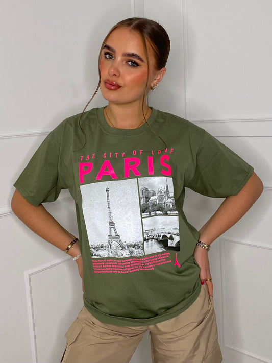 Paris Eiffel Tower Print T-shirt- Khaki Green