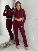 Corset detail hooded top & Ruche Back pocket Joggers Set - Wine