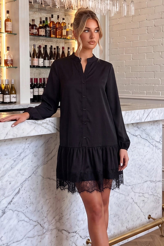 Black Lace Hem Smock Shirt Dress