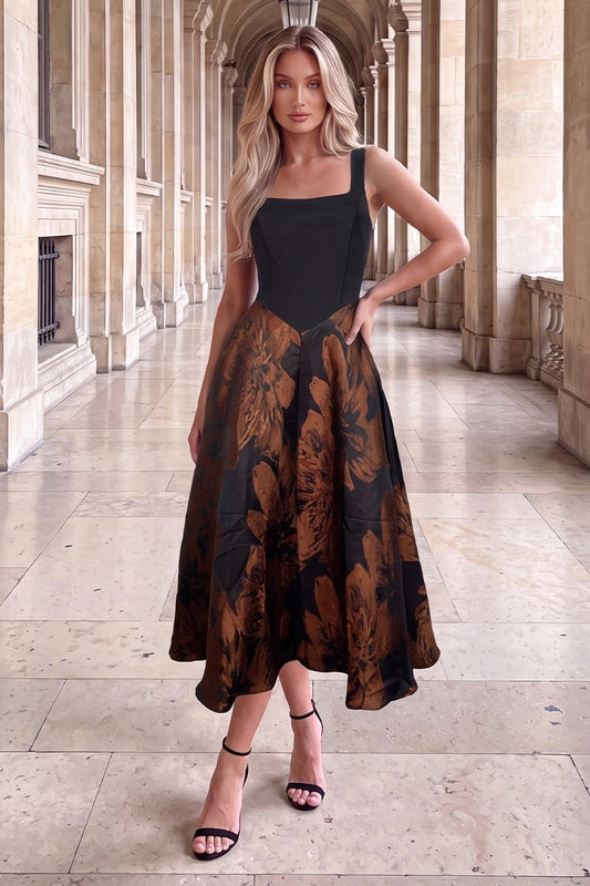 Black Floral Jacquard A-Line Midi Dress