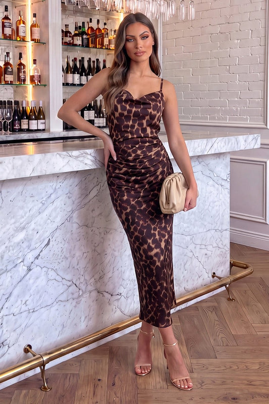 Multi Animal Print Strappy Cowl Neck Ruched Midi Dress