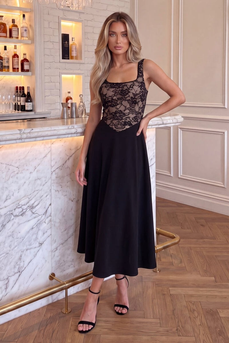 Black 2 in 1 Contrast Lace A-Line Midi Dress