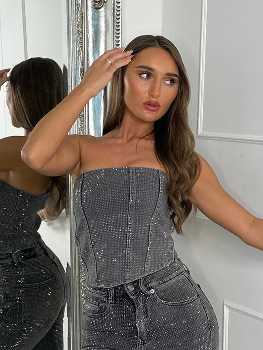 Diamante Corset Top - Grey Denim