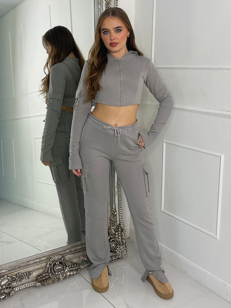 Corset detail hooded top & Ruche Back pocket Joggers Set - Dove Grey