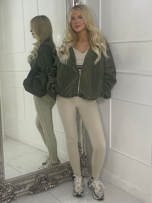 Zip up Puff sleeve oversized windbreaker - Khaki Green