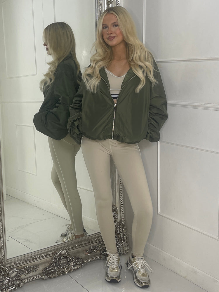 Zip up Puff sleeve oversized windbreaker - Khaki Green