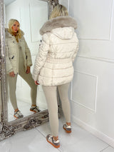 Padded Belted Coat With Faux Fur Hood - Cream