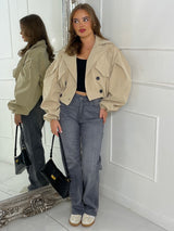 Crop Balloon Sleeve Trench Jacket - Beige