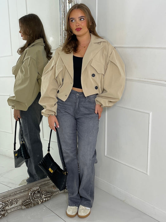 Crop Balloon Sleeve Trench Jacket - Beige