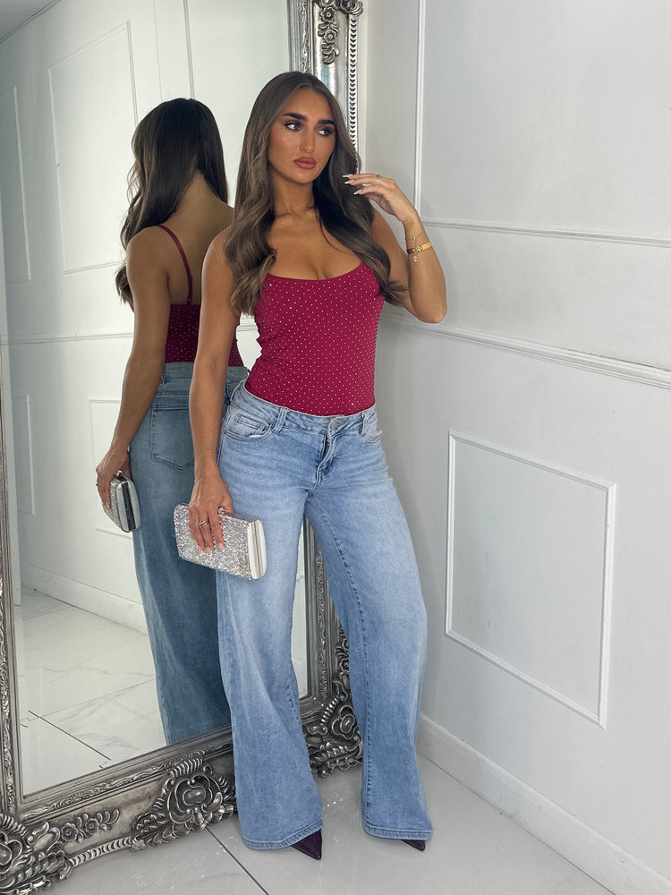Strappy Diamante Detail Bodysuit - Wine