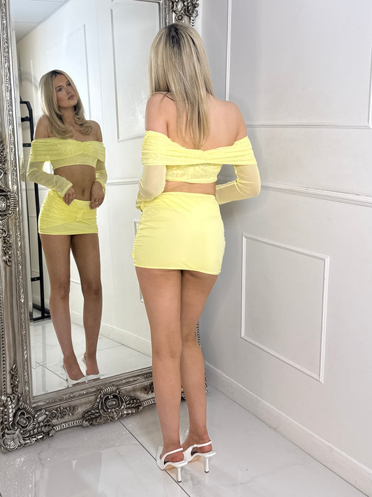 Mesh Contrast Off Shoulder Criss Cross Top & Knot Detail Mini Skirt - Yellow