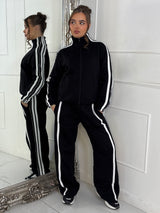 Side Stripe Collared Zip Up Jacket & Joggers Tracksuit - Black