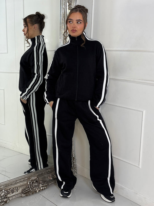 Side Stripe Collared Zip Up Jacket & Joggers Tracksuit - Black