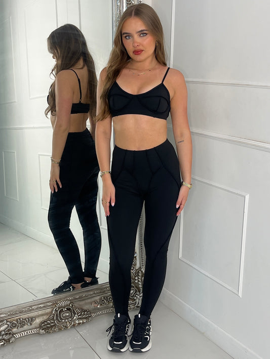 Seam Detail Bra & Leggings Set- Black