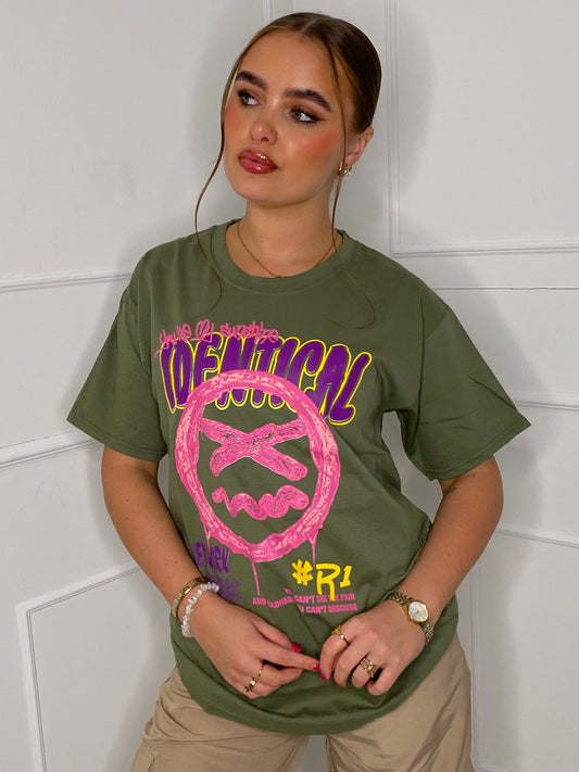 Identical Print T-shirt- Khaki