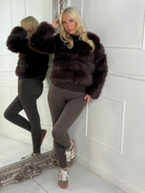 Tiered Faux Fur Round Neck Jacket - Brown