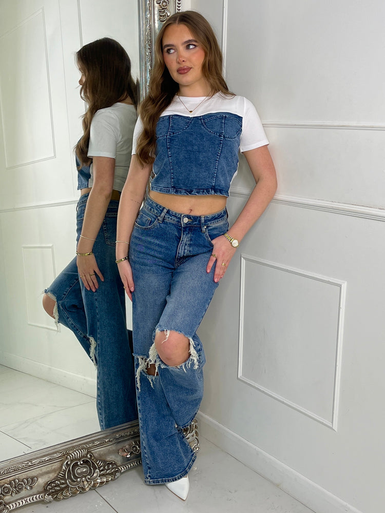 Blue Denim Corset Contrast Crop Tshirt - White